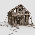 Old Dilapidated Wooden House With Exposed Frame And Scattered Wooden Planks