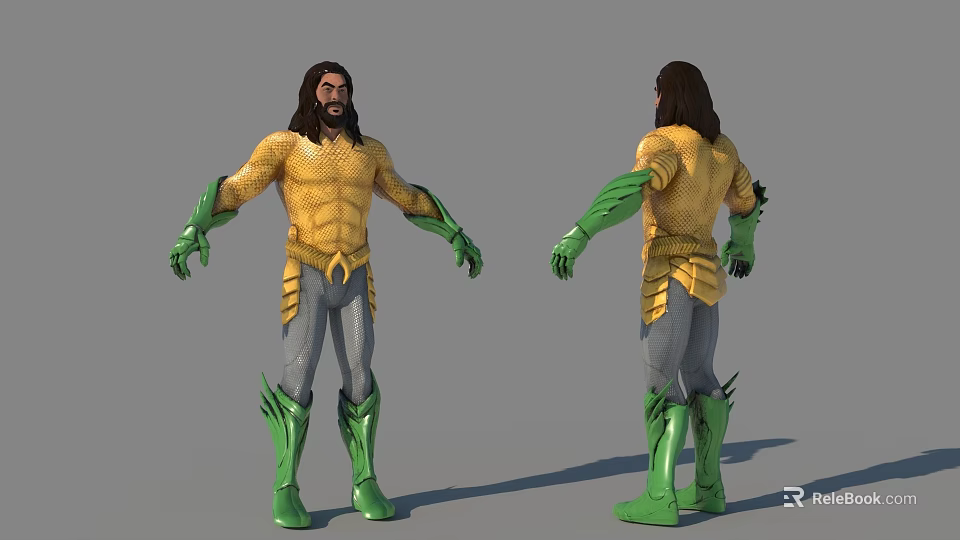 Game Movie Character With Long Hair Yellow Muscular Top And Green Armor 3d model 