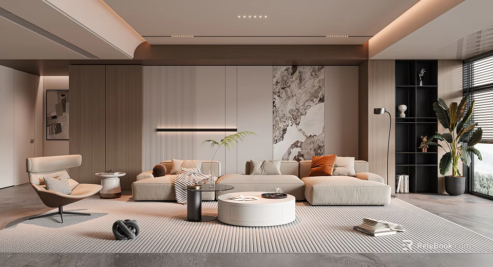 Modern Living Room Interior Design With Light Colored Sofa Coffee Table And Wall Artwork 3d model 