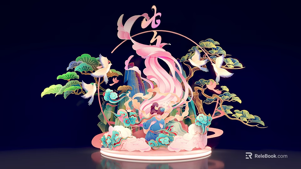 Traditional Chinese Style Decorative Sculpture with Phoenix Crane Pine and Cloud Elements 3d model 