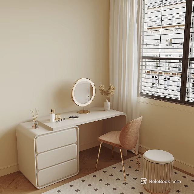 Cozy White Dressing Table with Round Mirror Cosmetics Vase and Pink Chair by Window 3d model 
