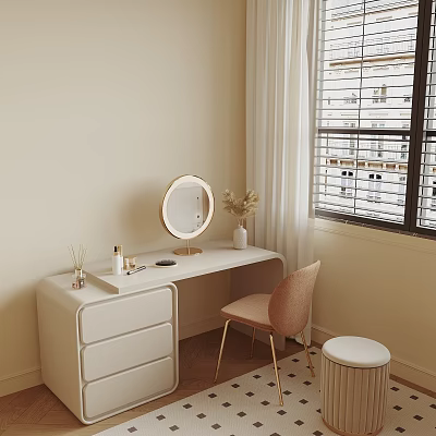Cozy White Dressing Table with Round Mirror Cosmetics Vase and Pink Chair by Window 3d model
