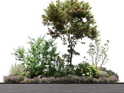 Lush Diverse Flowers And Plants Arranged With Shrubs Yellow Flowers Green Foliage On Wooden Floor 3d model