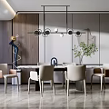 Modern Dining Table Set Interior With Chairs Hanging Light And Green Plant 3d model