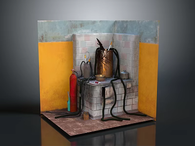 Cartoon Style Industrial Scene With Brick Wall Red Fire Extinguisher Metal Container And Black Hoses 3d model