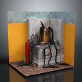 Cartoon Style Industrial Scene With Brick Wall Red Fire Extinguisher Metal Container And Black Hoses