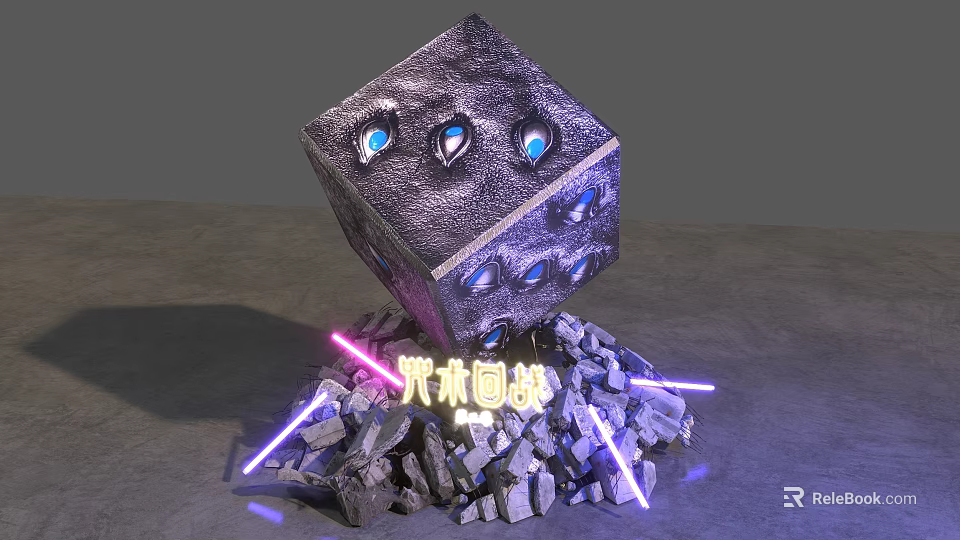 Purple Cube With Blue Eyes Surrounded By Crushed Stones And Purple Light Beams 3d model 