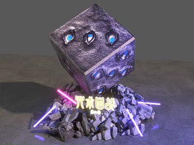 Purple Cube With Blue Eyes Surrounded By Crushed Stones And Purple Light Beams 3d model