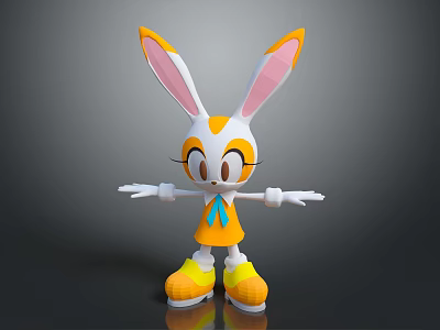 3D Orange White Rabbit Game Movie Character With Yellow Shoes Blue Bow And Outstretched Arms 3d model