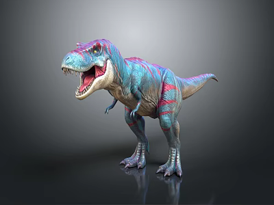 Vibrant Blue And Pink Striped T Rex Dinosaur With Open Mouth Sharp Teeth 3d model