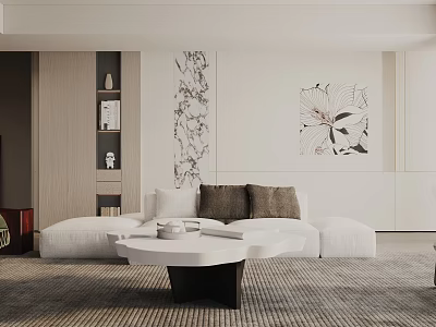 Modern Living Room Interior Design With White Sofa Brown Cushions And Decorative Wall Art 3d model