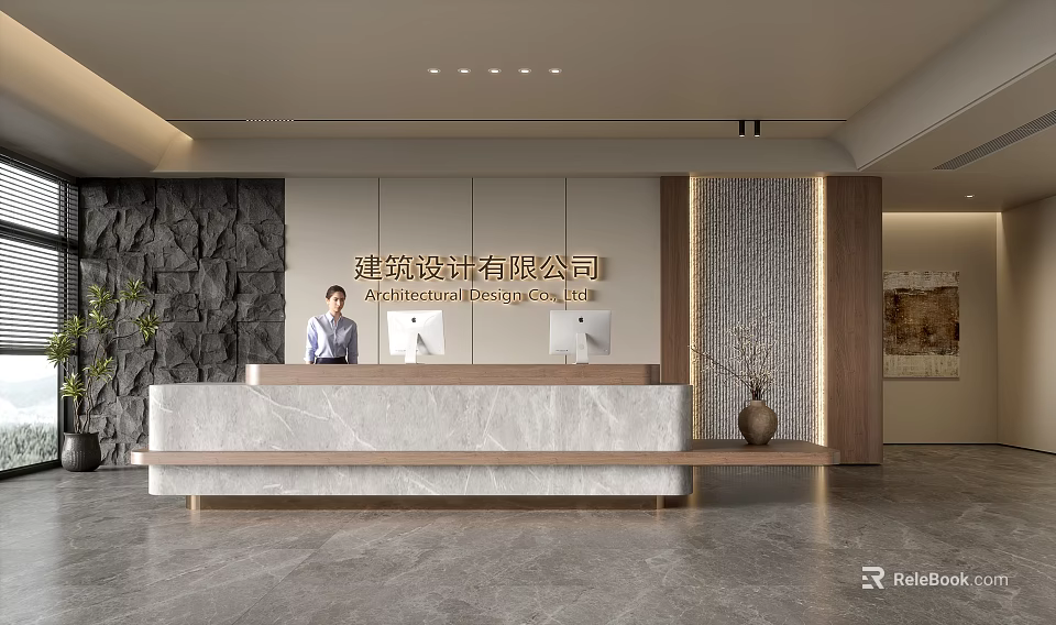 Modern Front Desk Reception Interior With Marble Countertop Stone Wall Plants And Lighting 3d model 