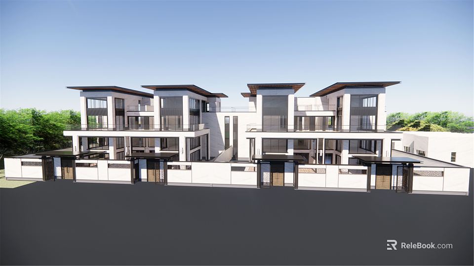 Modern Townhouses Exterior Design With White Facade Large Glass Windows Multiple Units And Greenery 3d model 