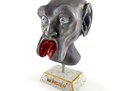 Gray Monster Head Sculpture With Red Tongue And Base Labeled Monster 3d model