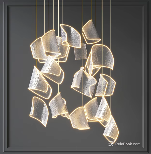Modern Artistic Chandelier With Irregular Glass Like Shapes Hanging On Golden Thin Lines 3d model 