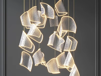 Modern Artistic Chandelier With Irregular Glass Like Shapes Hanging On Golden Thin Lines 3d model