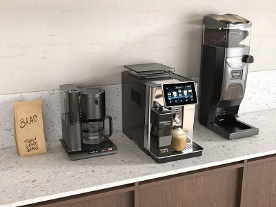 Modern Kitchen Coffee Appliances Featuring Drip Machine Espresso Maker Grinder On Countertop With Bean Bag 3d model