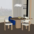 Modern Round Wooden Dining Table Set With Upholstered Chairs Pendant Light And Window Blinds