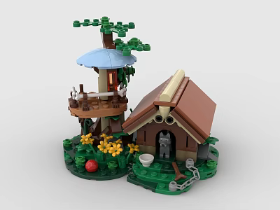 Building Blocks Tree House And Cottage Scene With Flowers Dog And Chain 3d model