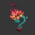 Cartoon Cactus Character With Colorful Pink Yellow Flowers And Green Stem In Red Pot