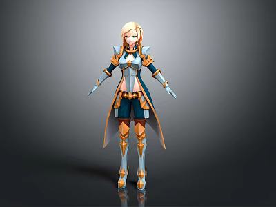 3D Fantasy Female Character With Blonde Hair Blue White Golden Armor Design 3d model