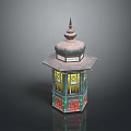 Vintage Hexagonal Lantern With Decorative Green Red Yellow Glass Panels And Spire Top