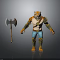 3D Tiger Warrior Character With Golden Armor Blue Pants And Axe Weapon 3d model