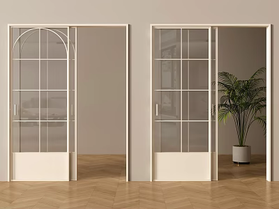 Sliding Doors White Framed Glass with Grid Design in Light Room Herringbone Floors 3d model