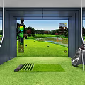 Indoor Golf Simulator Practice With Green Turf Golf Clubs Course Screen And Scoreboard