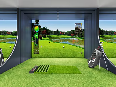 Indoor Golf Simulator Practice With Green Turf Golf Clubs Course Screen And Scoreboard 3d model