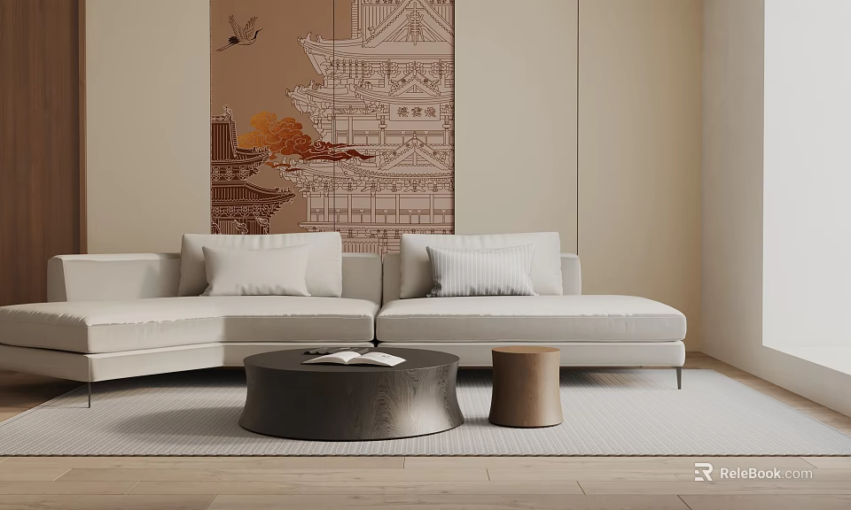 Three Seater Sofa In Modern Oriental Living Room With Traditional Painting And Round Coffee Table 3d model 
