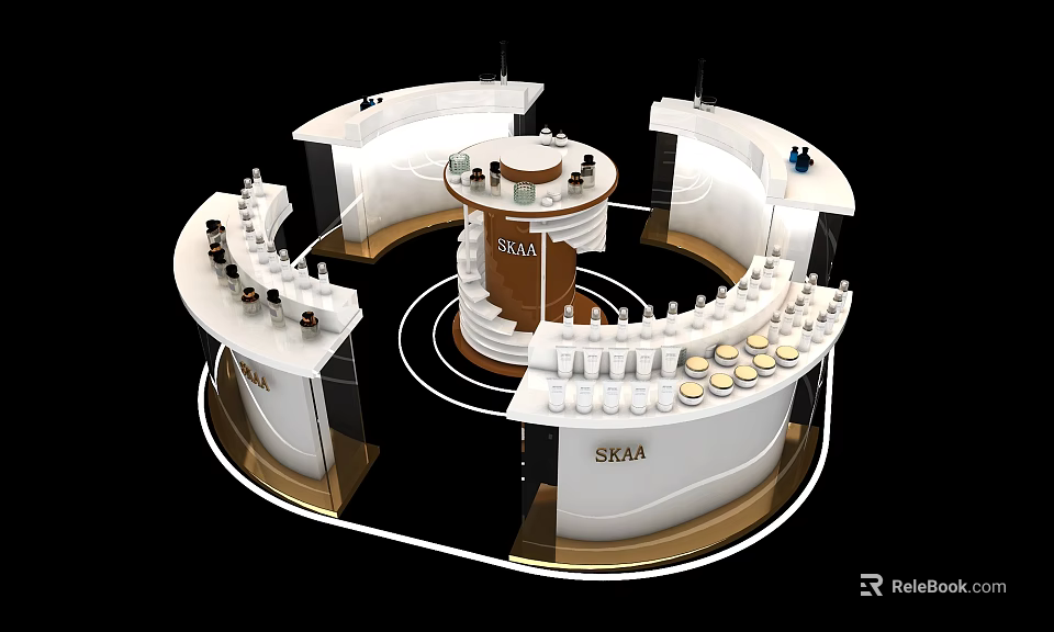 SKA Exhibition Display Shelves With Modern Circular Design Showcasing Cosmetic Bottles And Various Products 3d model 