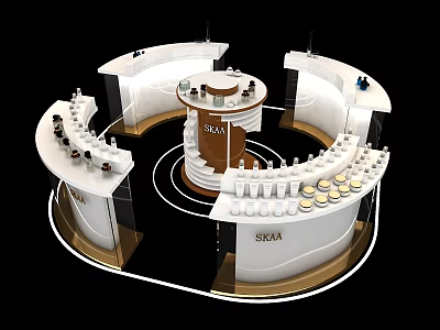 SKA Exhibition Display Shelves With Modern Circular Design Showcasing Cosmetic Bottles And Various Products 3d model