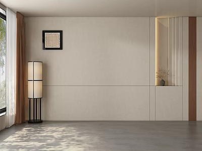 Beige Minimalist Sofa Background Wall With Wooden Strips Embedded Shelf Floor Lamp And Sunlight Shadow 3d model