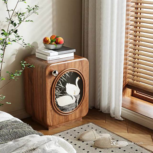 Wooden Bedside Table Featuring Swan Pattern Decoration With Books And Fruit Bowl On Top 3d model 