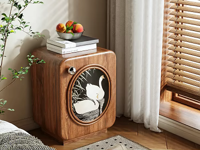 Wooden Bedside Table Featuring Swan Pattern Decoration With Books And Fruit Bowl On Top 3d model