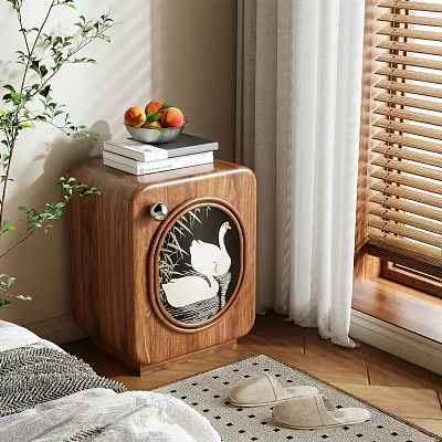 Wooden Bedside Table Featuring Swan Pattern Decoration With Books And Fruit Bowl On Top 3d model