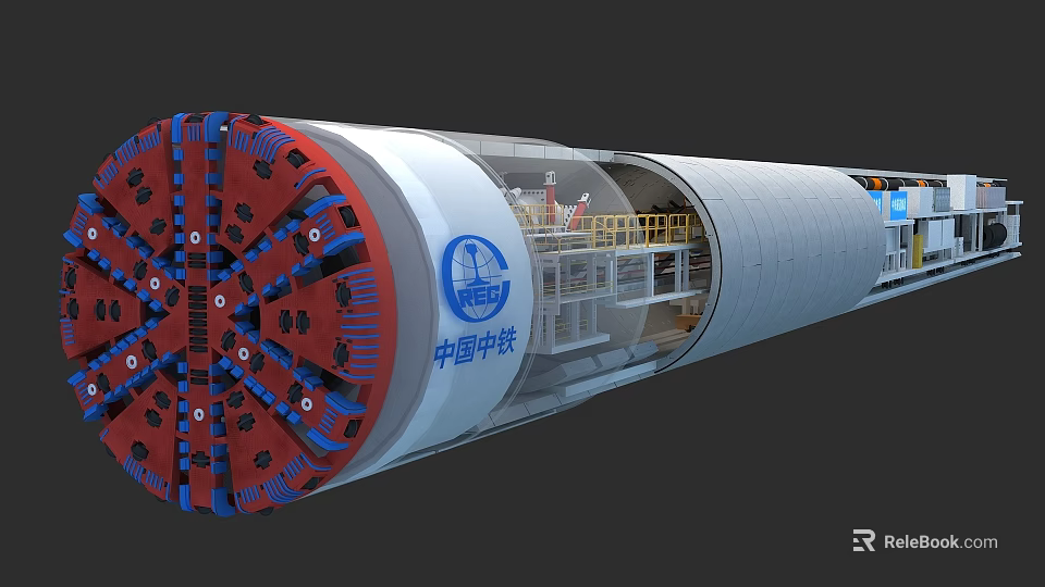 China Railway Tunnel Boring Machine Industrial Equipment Featuring Red Cutter Head And Internal Yellow Railings 3d model 
