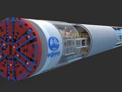 China Railway Tunnel Boring Machine Industrial Equipment Featuring Red Cutter Head And Internal Yellow Railings 3d model