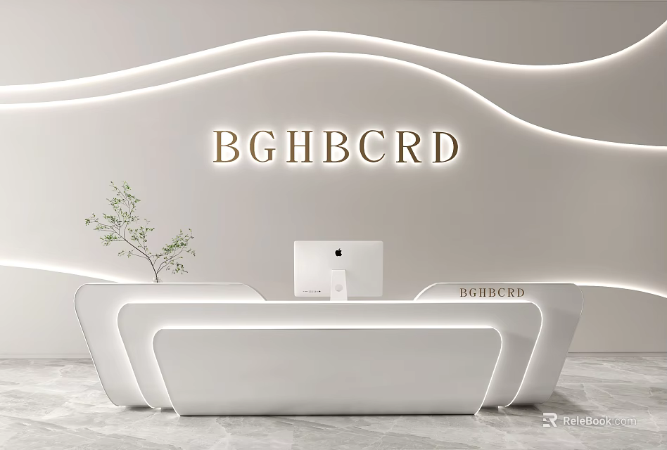 Modern Front Desk Reception With White Counter Brand Logo Wave Lighting And Green Plant Decor 3d model 