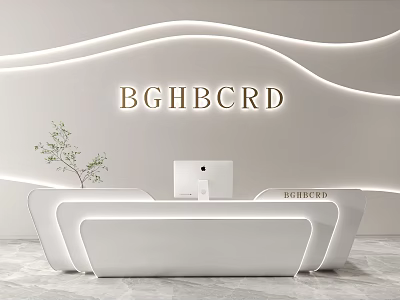 Modern Front Desk Reception With White Counter Brand Logo Wave Lighting And Green Plant Decor 3d model