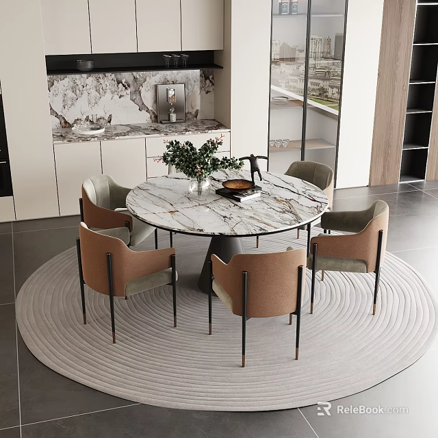 Modern Round Marble Dining Table Set With Chairs Greenery Vase And Rug 3d model