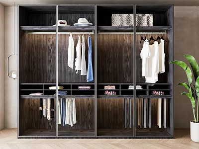 Modern Wooden Wardrobe With Multiple Compartments Hanging Clothes Hats And Storage Drawers 3d model