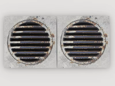 Two Rusted Round Metal Drain Covers On Gray Concrete Panel 3d model