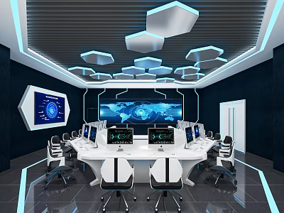Modern Control Room Interior With Large Screens World Map Display Computer Workstations And White Chairs 3d model