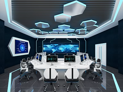 Modern Monitoring Room Command and Control Hall Monitoring Hall Dispatching Command Center Office Desk and Chair 3d model