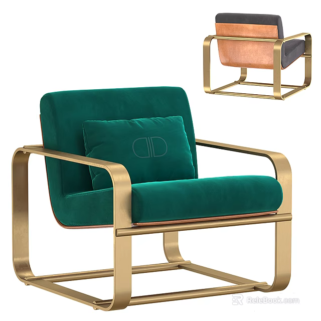 Modern Green Velvet Armchair With Golden Metal Frame And Decorative Pillow 3d model 