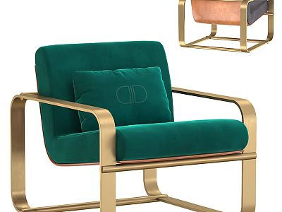 Modern Green Velvet Armchair With Golden Metal Frame And Decorative Pillow 3d model
