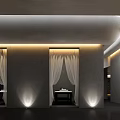 Relaxing SPA Sauna Space With Black Bathtubs Blue Water White Curtains And Stone Wall