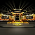 Gold And Black Round Stage Design With Bright Lighting And Display Screens